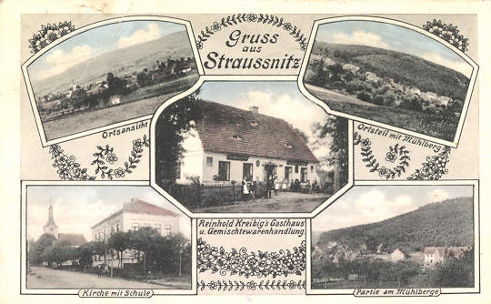 Datei:AK-Straussnitz-Reinhod-Kreibig-s-Gasthaus-u-Gemischtwarenhandlung-Kriche-mit-Schule-Partie-am-Muehlberge.jpg