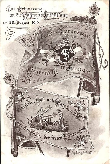 Kuenstler-AK-Fugau-Fahnen-Enthuellung-1910-Arbeiter-Turnverein-Eintracht.jpg