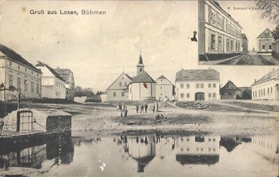 AK-Losan-Boehmisches-Erzgebirge-Gasthaus-W-Rummer-Uferpartie-mit-Blick-ueber-den-See-zur-Kirche.jpg