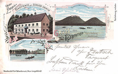 Lithographie-Hammer-bei-Wartenberg-Gasthaus-zum-Schloss-Dewin-Ortsansicht-vom-See-aus.jpg