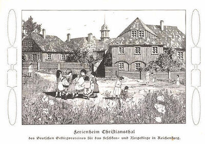 Kuenstler-AK-Reichenberg-Christiansthal-Kinder-spielen-vor-dem-Ferienheim-des-Deutschen-Gebirgsvereins.jpg